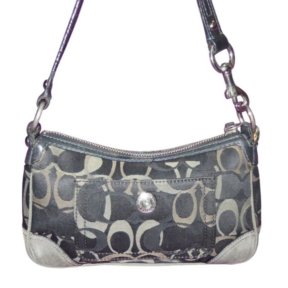 COACH 2005 Chelsea Black & Gray Signature Canvas & Suede Demi Sufflette Baguette